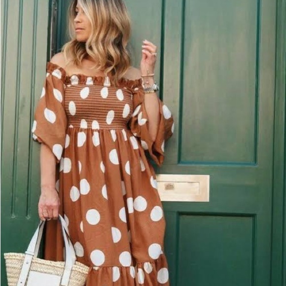 BLOGGER FAVE H&M Brown Polka Dot Off-Shoulder Dress XL - Picture 2 of 2